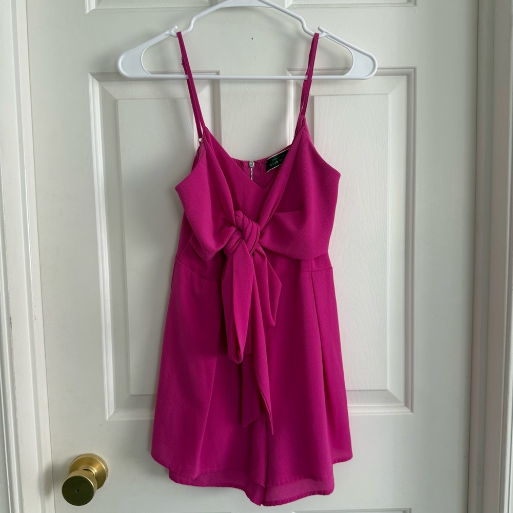 Blue Blush Bright Hot Pink Spaghetti Strap Romper with Bow - Size S